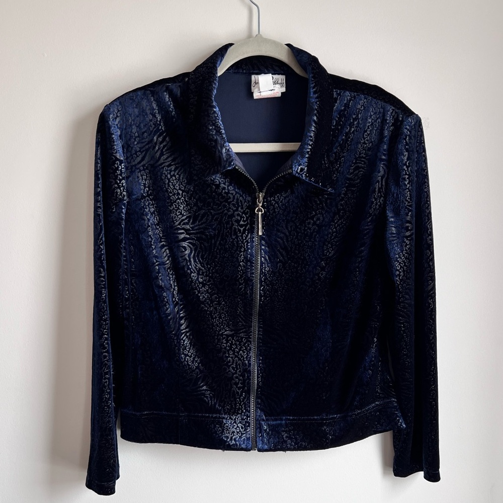 Joseph Ribkoff Navy Burnout Velvet Animal Print Zip-Up Jacket Size US 12